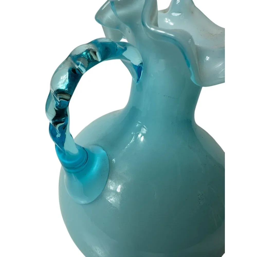 Ruffled Rim Pitcher Baby Blue Glass Handle Vintage